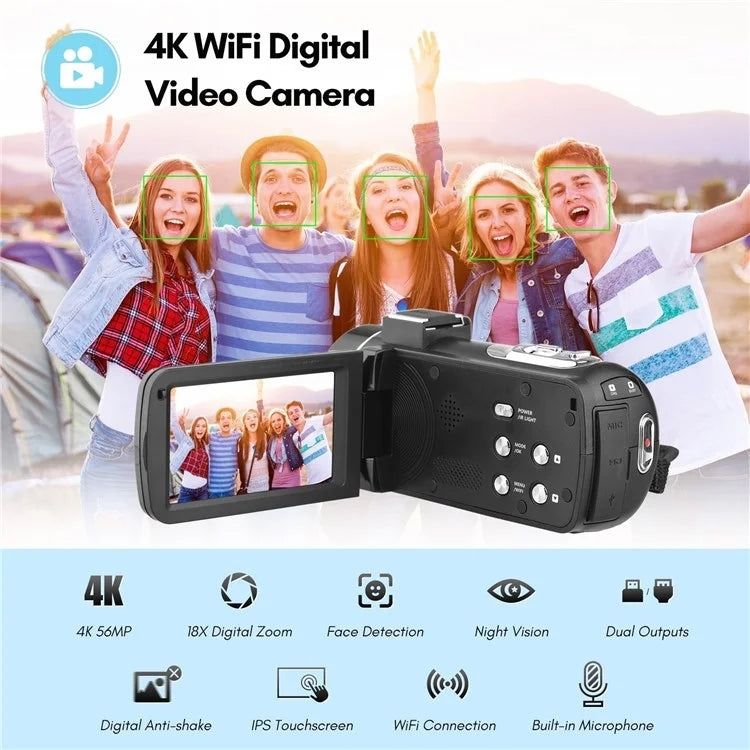 4K Digital Video Camera 3 Inch IPS Touch Screen 56MP 18X Digital Zoom WiFi Camcorder, Standard, Set 1, Set 2, Set 3 4K Digital Video Camera 3 Inch IPS Touch Screen 56MP 18X Digital Zoom WiFi Camcorder, Standard, Set 1, Set 2, Set 3